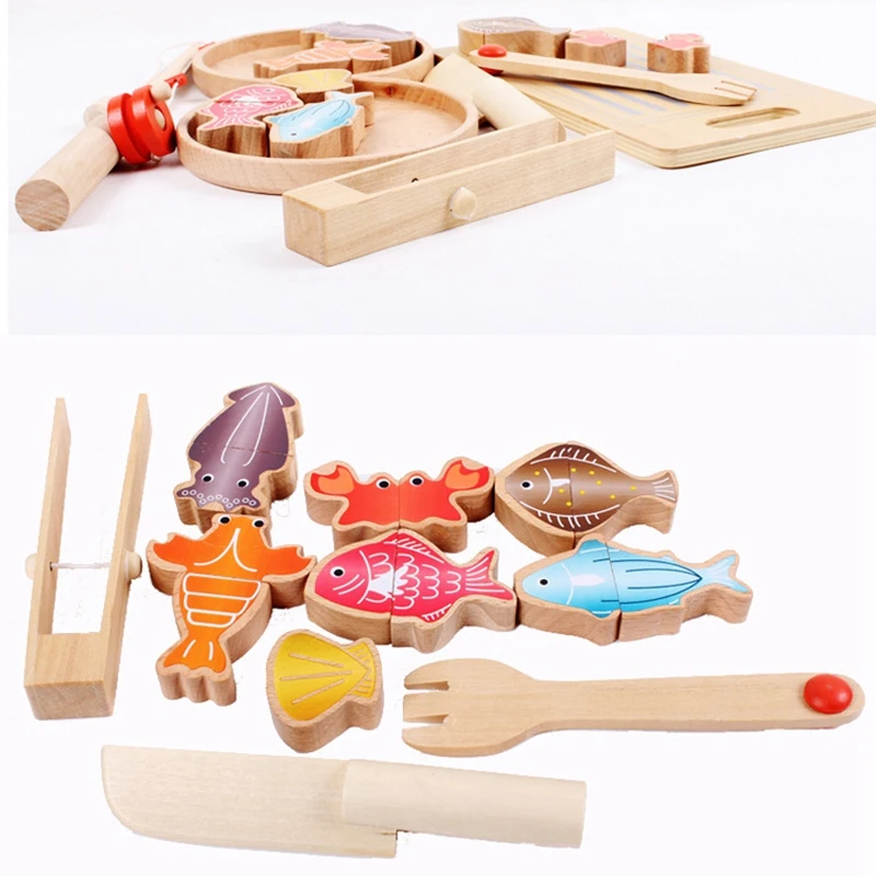 

Kids Wooden Magnetic Fishing Toys Multifunctional Fish Cutting Educational Toys Kitchen Fishing Game Pretend Playset