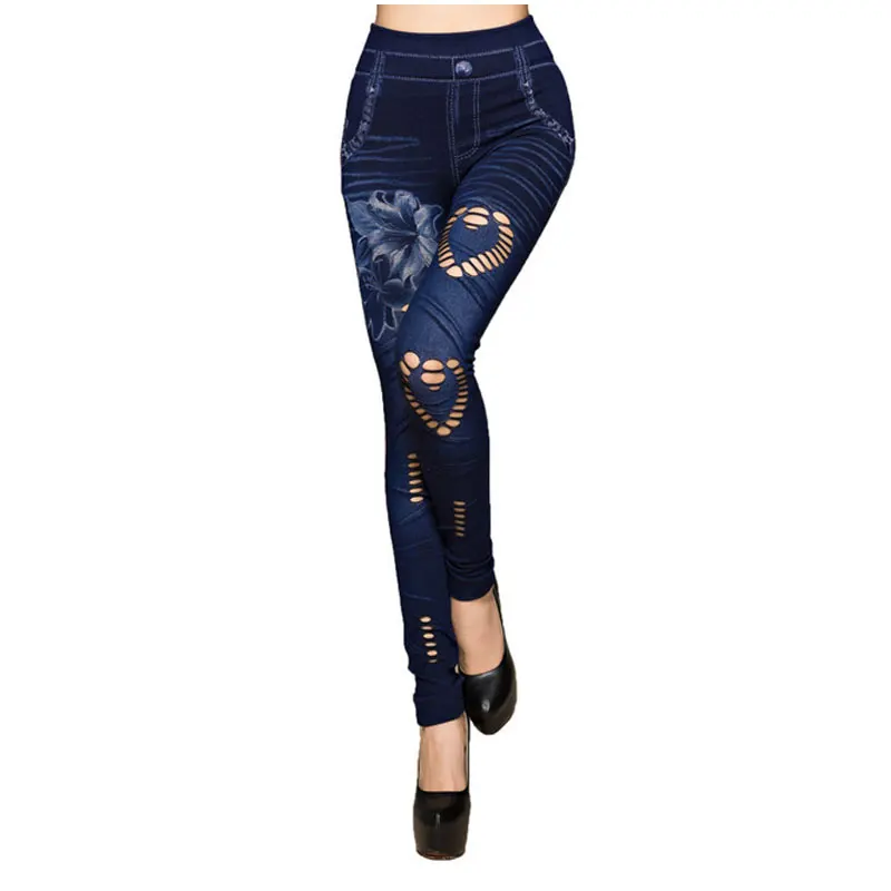 Fashion Slim Women Leggings Faux Denim Jeans Sexy Hole Heart Printing Casual Clothing Pencil Pants Plus size|denim jeans leggings|jeans leggingswomen
