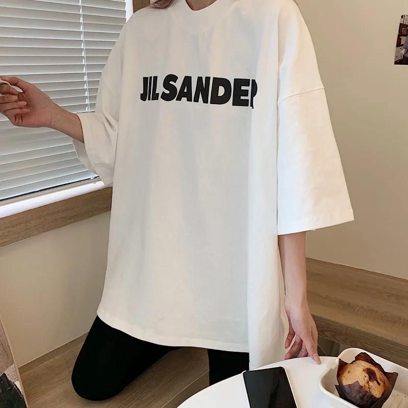 Футболка Jil Sander женская с надписью супершикарный оверсайз топ коротким рукавом