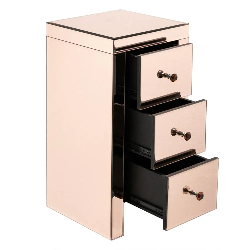 

Nightstand Bedside Table Side Table Mirrored Glass Modern and Contemporary 3-Drawers 30 x 30 x 60cm Rose for Bedroom [US-Stock]