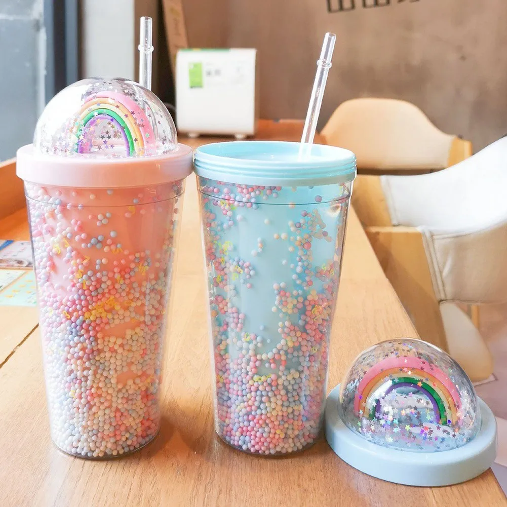 

550ML Rainbow Star Cold Cup Tumbler Double Layer Plastic Reusable Straw Cup Coffee Mug Milk Juice Cup Water Bottle For Girl Gift