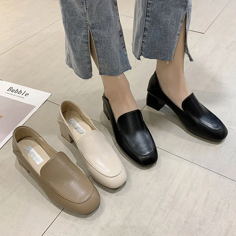 Туфли-лодочки женские на высоком квадратном каблуке лоферы квадратный носок без