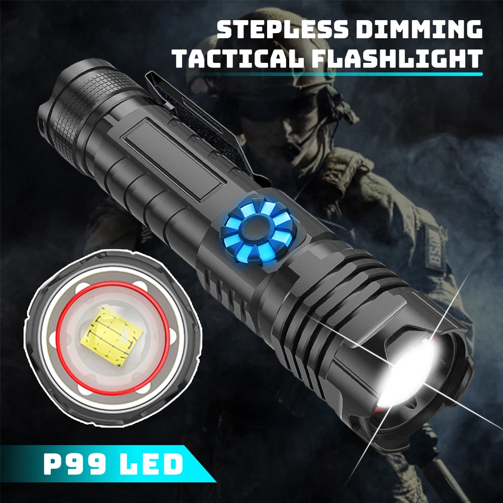 spesifikasi XHP99 Senter LED Daya Tinggi 3800LM Senter Taktis Peredupan Stepless Senter Dapat Diperbesar Lentera Tahan Air Berkemah Di Luar Ruangan