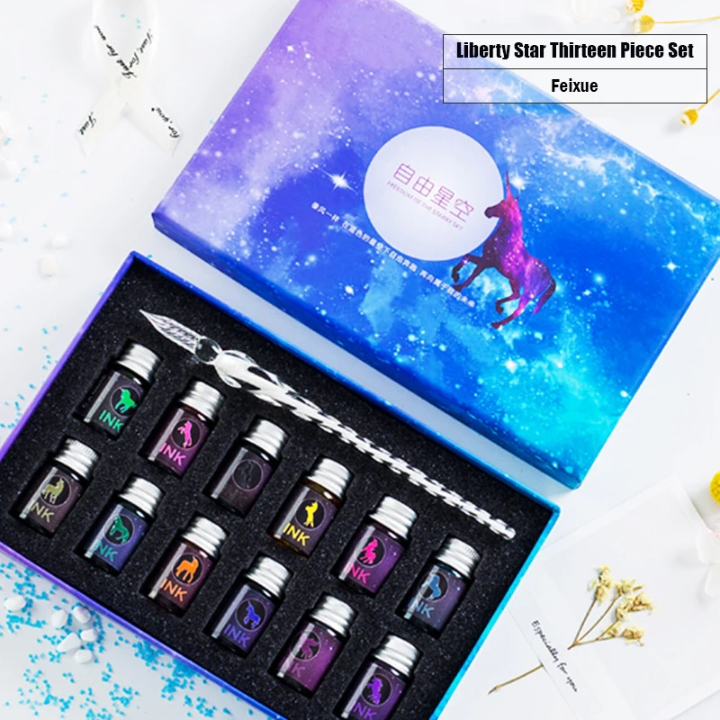 

13Pcs/set Crystal Starry Sky Glass Ink Pen Glass Dip Pen Fountain Pen Inks For Writing Fountain Pen Set Ink Gift Box Set