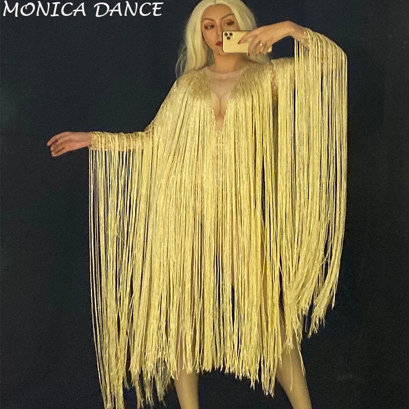 

Women Sexy Gold Fringes Bodysuit Costume Evening Party Long Sleeve Tassels Leotard Birthday Celebrate Stretch Dance Dress