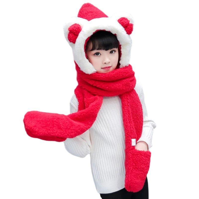 

Kids 3 In 1 Warm Plush Winter Hat Cute Bowknot Bear Ears Scarf Gloves Hoodie Cap F3MF