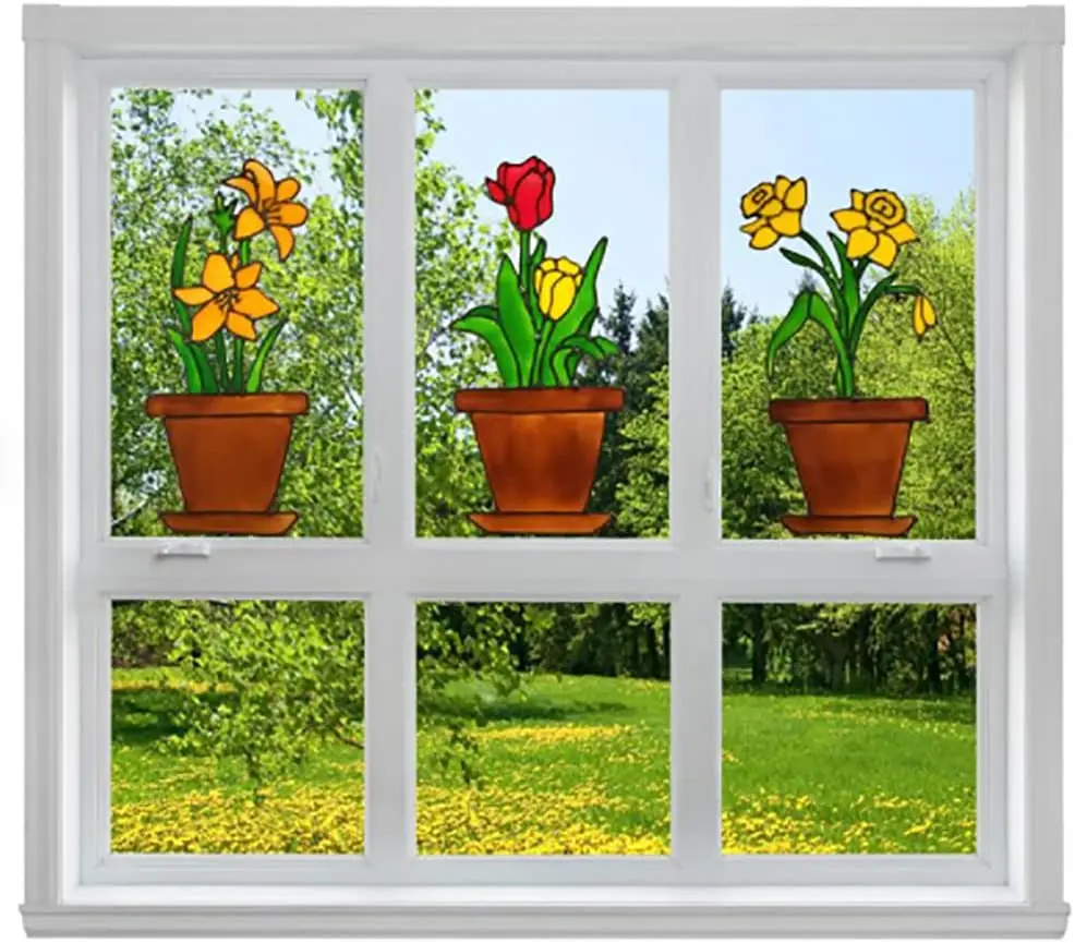 

Lilies Tulips Daffodils Flower Pot Window Clings Spring Decorations Adhesive Window Stickers Glass Door Sticker Decal Home Decor