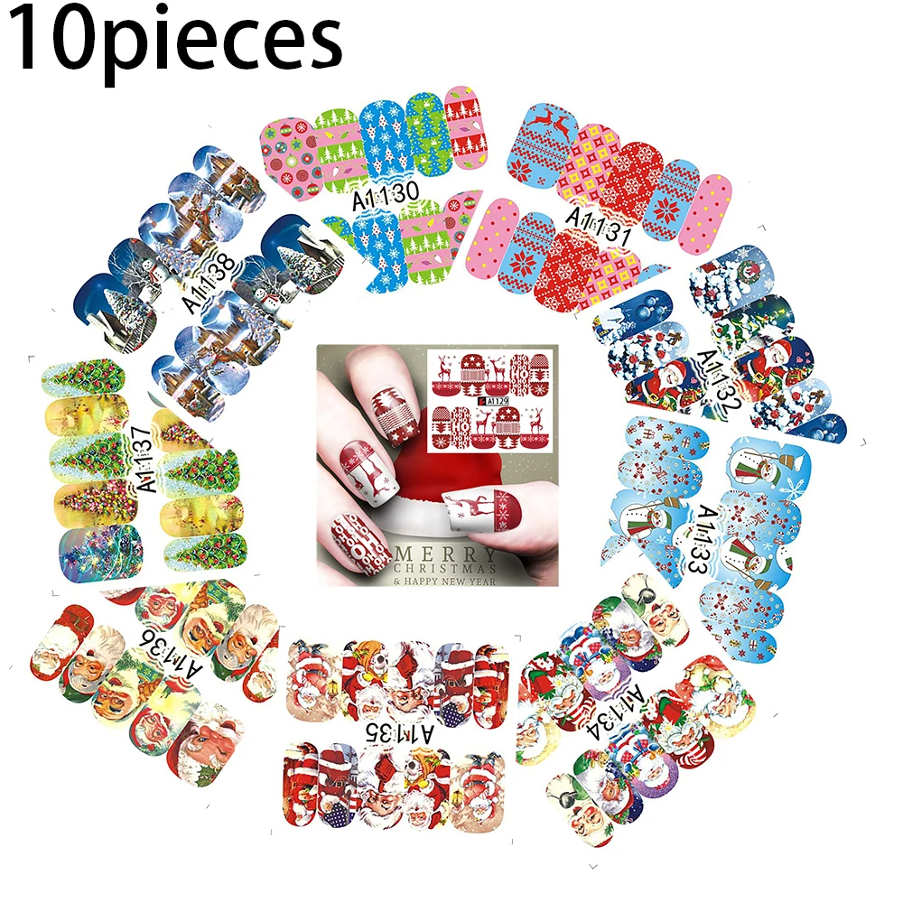 

10 Kinds/lot Snowman Art Decals Elk Christmas Nail Art Sticker Nail Watermark Sticker Decoration Nail Stickers Set Holiday Santa