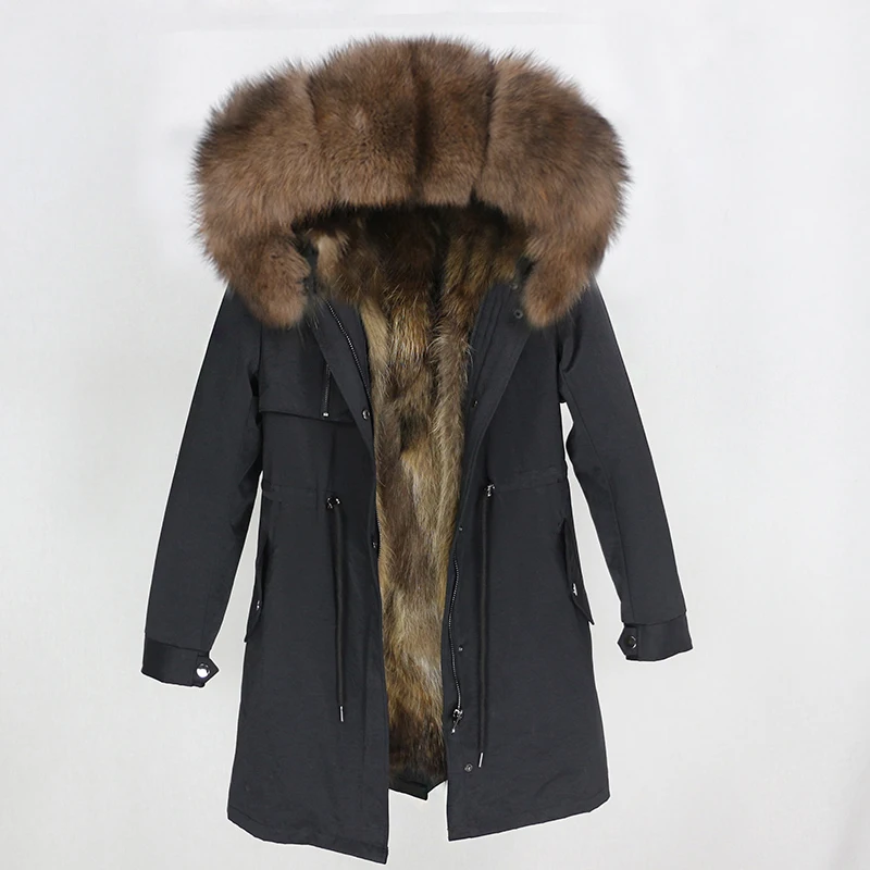 black brown OFTBUY, водонепроницаемая парка, пальто из натурального меха, зимняя куртка для женщин, натуральный мех енота, меховой воротник, Лисий мех, подкладка, теплая Толстая Уличная верхняя одежда - Цвет: black brown