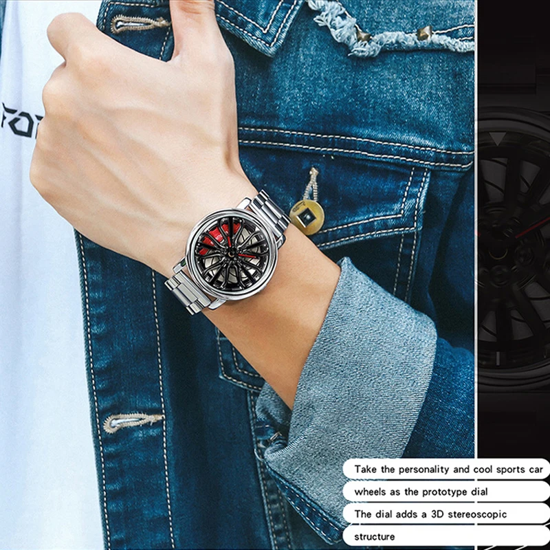 

2021 Man Watches Fashion Cool Watch Creative Car Wheel Sports Watch Steel Strap Waterproof Military Clock Cool Male Montre Homme