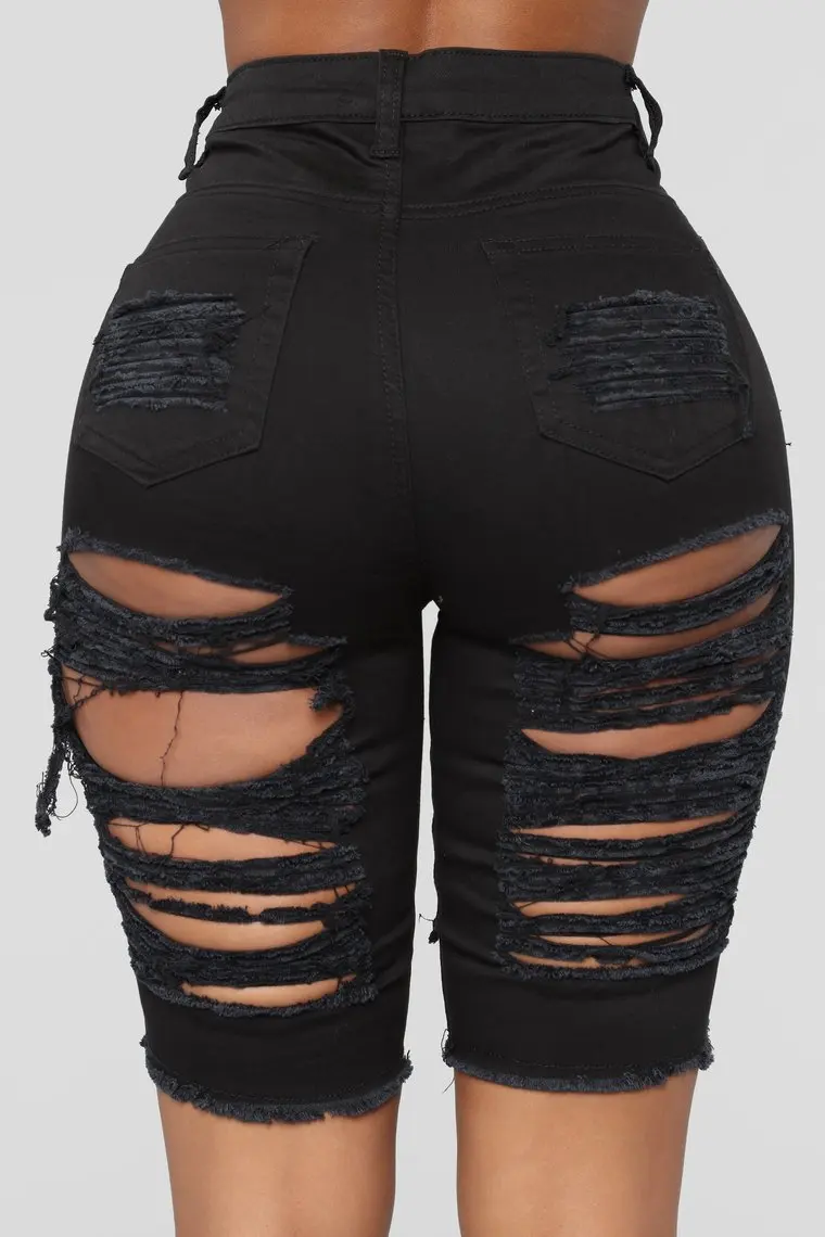 

Slim Fit High-waist Black Shorts Women Holes Ripped Bodycon Shorts Solid Color Cotton Leggings Hot Sale Female Streetwear