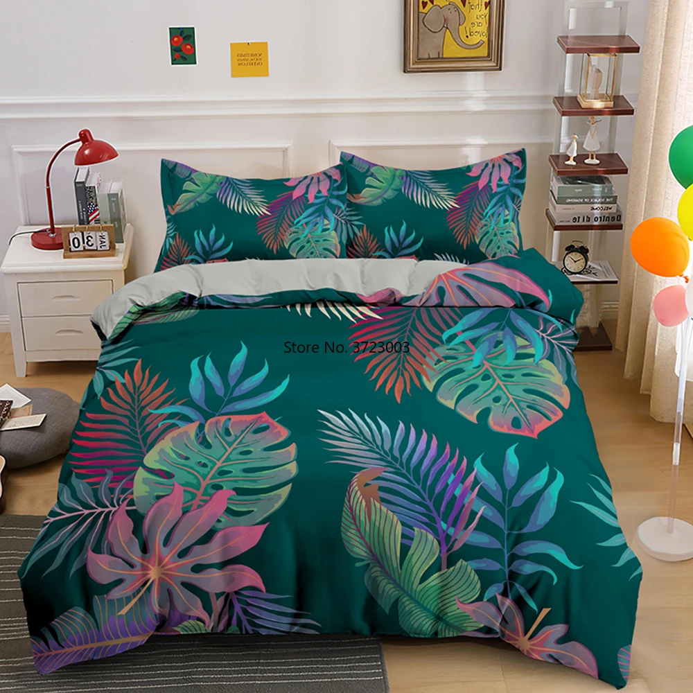 

3D Psychedelic Color Palm Leaf Bedding Set Tropical Plant Quilt Cover with Pillowcase Single Double King Queen 2/3 Piece