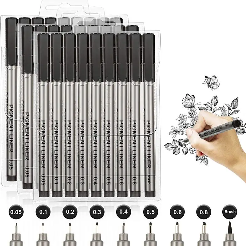 9Pcs/Set Profession Pigment Liner Micron Ink Art Marker Pen for Sketch Drawing Comics Micron Liner Brush Hook Line Pens Supplies