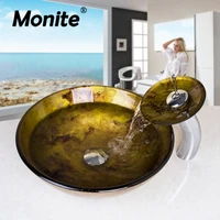 monite round bathroom washbasin faucets classic glass tempered glass vessel sink w waterfall chrome faucet set