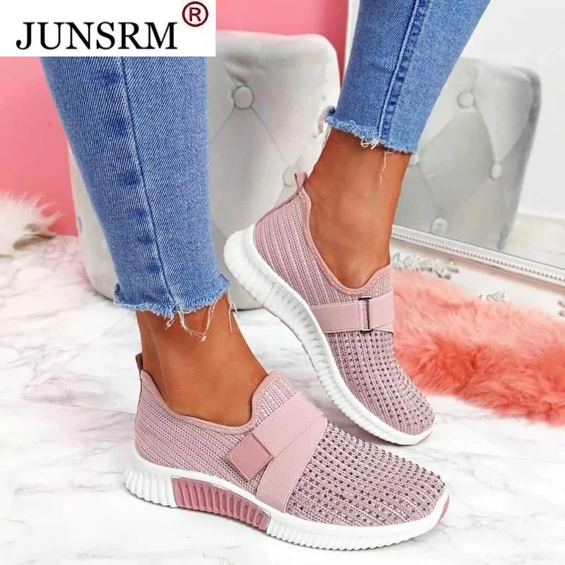 

Кроссовки женские сетчатые без шнуровки, повседневная спортивная обувь на плоской подошве, со стразами, белые, на лето