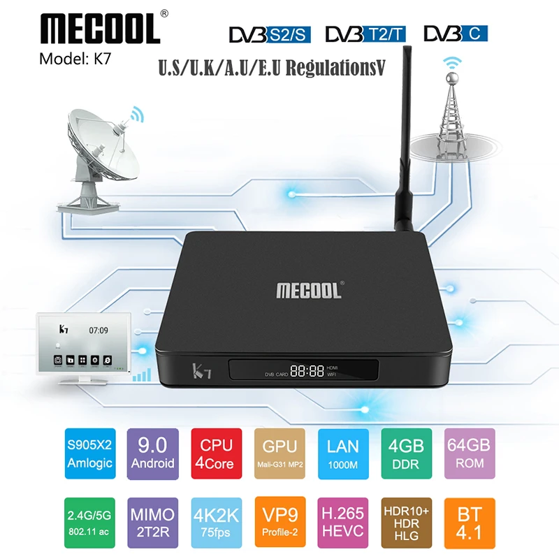 MECOOL K7 приемное устройство спутниковый приемник DVB-S2 DVB-T2 DVB-C Android 9 0 ТВ коробка 4 ГБ 64