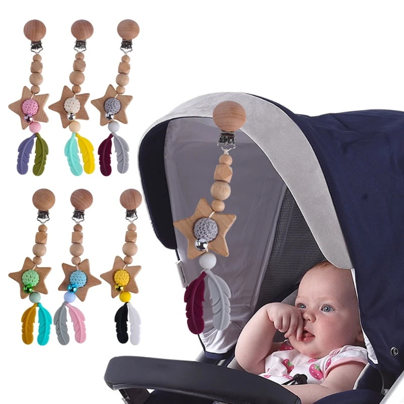 

1pc Baby Teether Siliocne Beads Feather Teething Pendant Pram Clip Hanging Toys 54DA