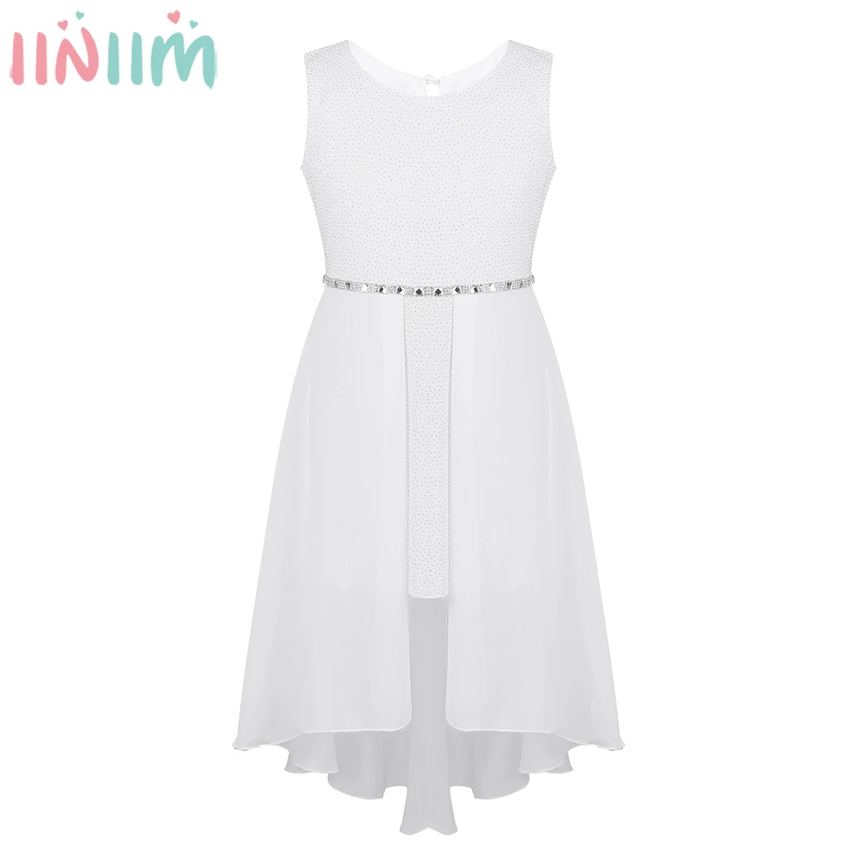 Детское блестящее платье iiniim без рукавов с высокой талией и заниженным подолом