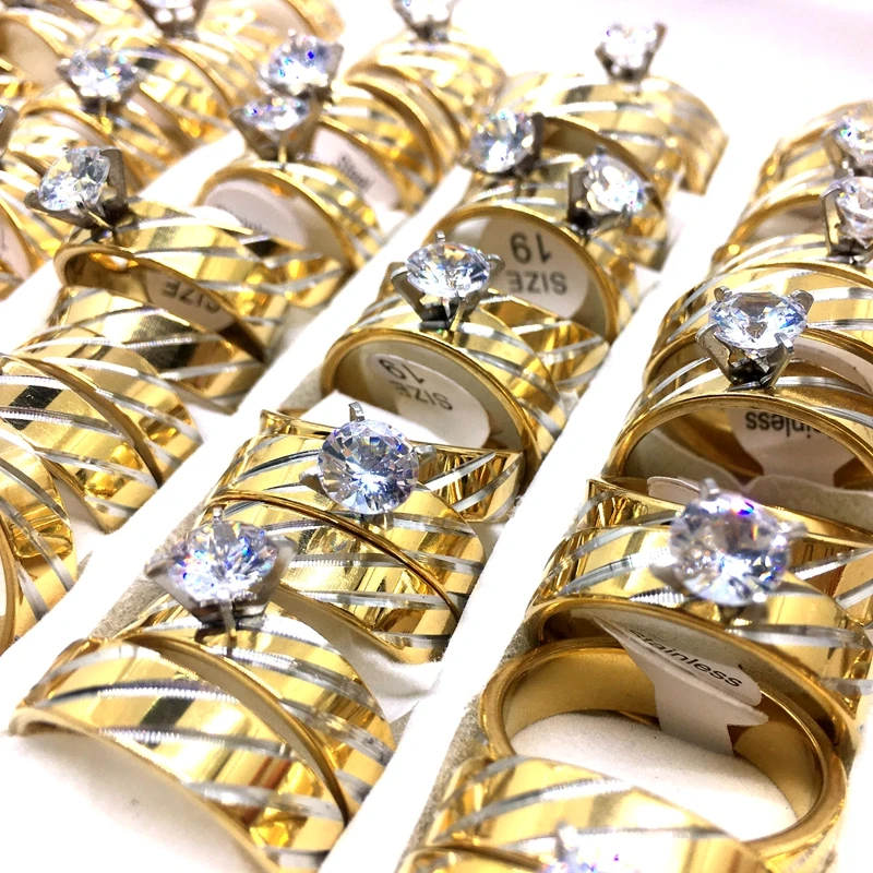 

MixMax 36 Pairs of Women's Men's Rings Golden Zircon Stainless Steel Wedding Band Couple Ring Wholesale Lot Jewelry