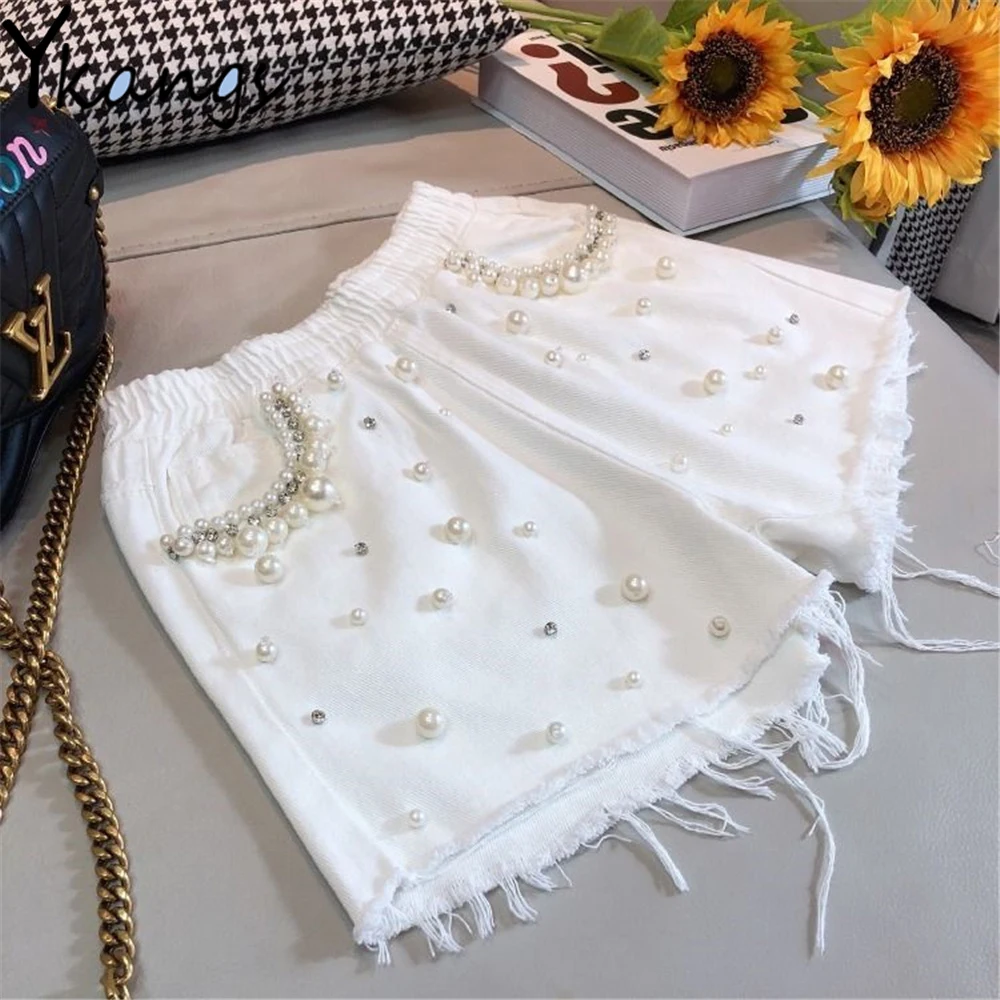 

3D Стразы украшенное жемчугом, с кисточками, джинсовая ткань, шорты белого и черного цвета с эластичной резинкой на талии джинсовые шорты 2021 ...