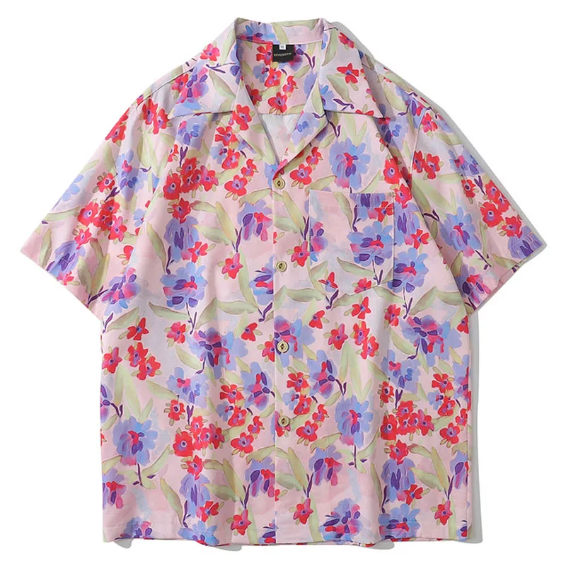 

Mens Oversize Hawaiian Shirts Full Flower Print Turn-Down Collar Polo Shirt Unisex HipHop Streetwear Holiday Male Tropical Tops