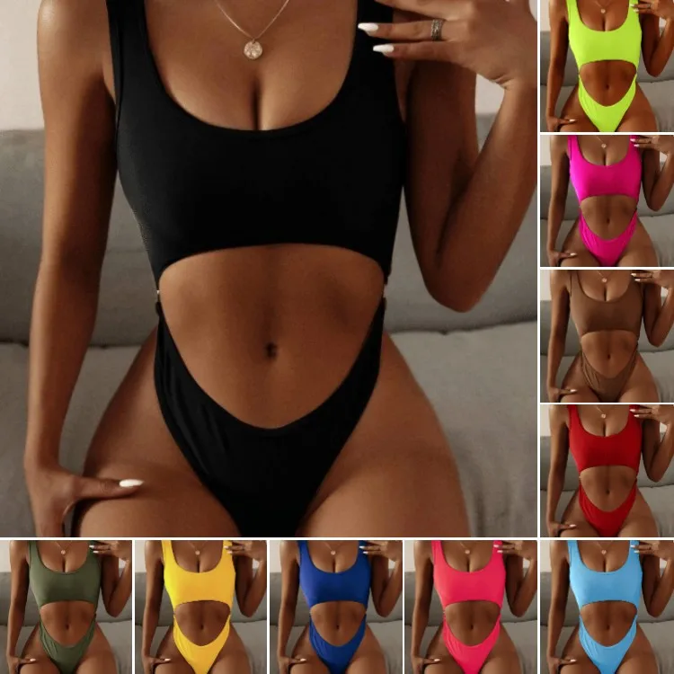 

2021 new multicolor sexy European and American solid color one-piece swimsuit