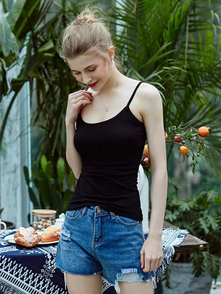 Basic Tight Running Pure Cotton Spaghetti Strap Elastic White Black Camisole Beach Sun Top Tank Tops Sexy Undershirt Wholesale | Женская