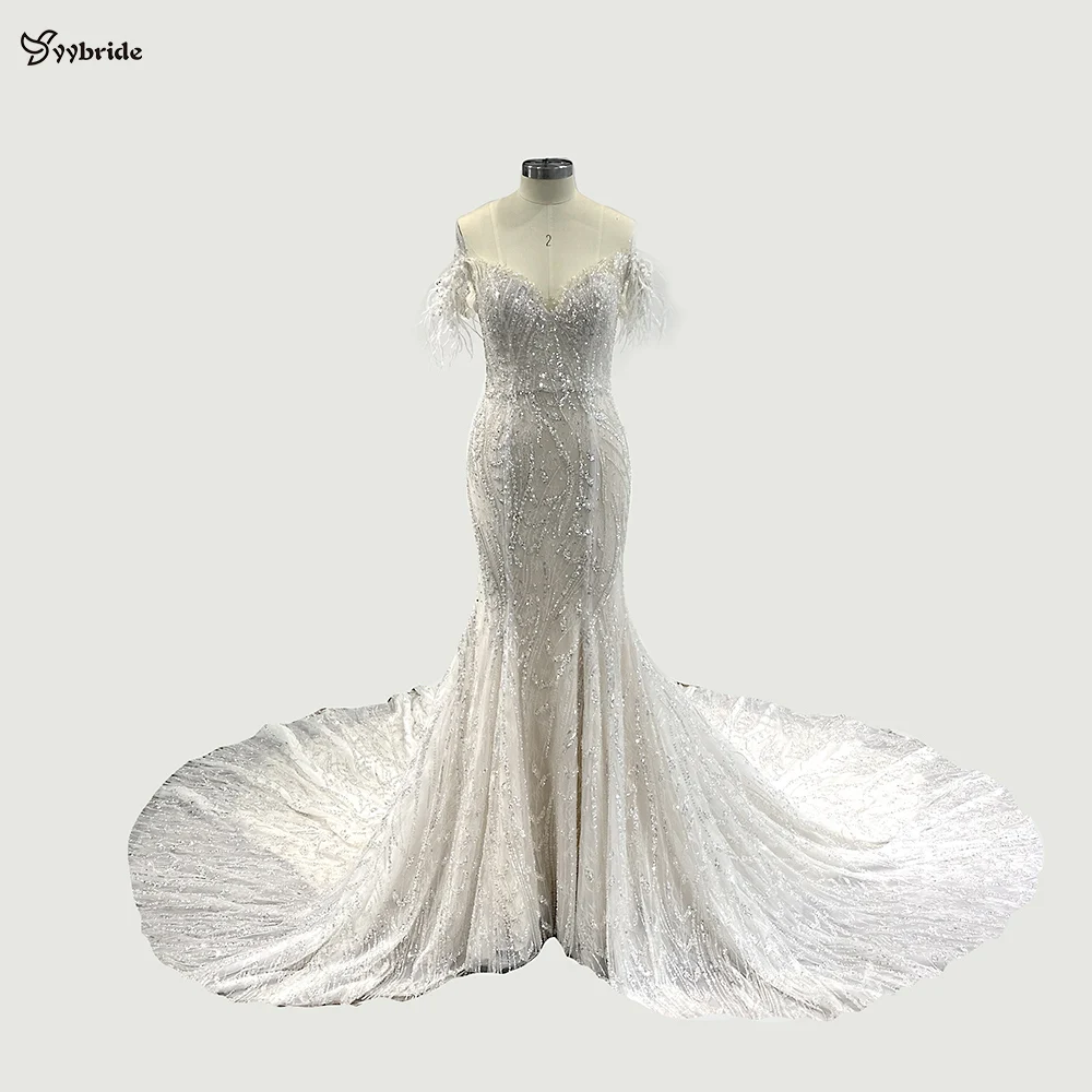 Свадебное платье YYbride роскошное кружевное с вышивкой бисером и кристаллами юбка