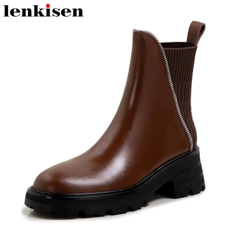 

Lenkisen hot cow leather Chelsea boots winter round toe zipper splicing platform thick high heels preppy slip on ankle boots l08