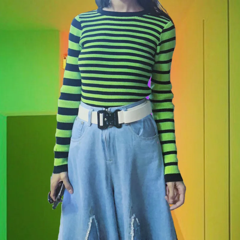 Женский короткая полоса пуловер вязаный свитер повседневные облегающие Женские