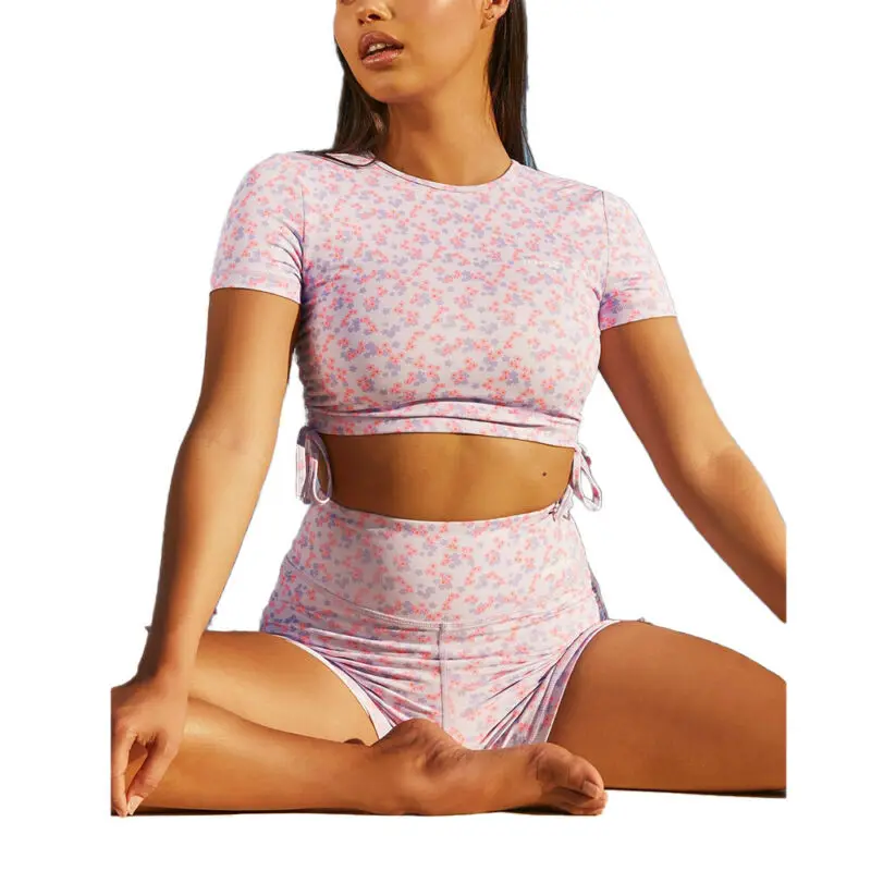 

Высокая Талия ed бикини Для женщин спортивный купальник бикини подставка с цветочным орнаментом Высокая Талия короткий рукав Фитнес купаль...