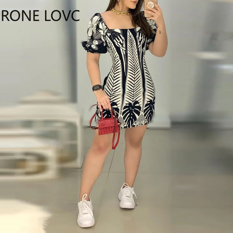 

Mini dress women's elegant fashion square neck plant print open back dress tight dress