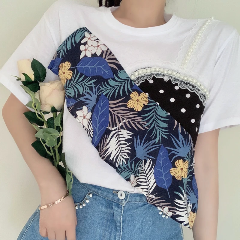 

Футболка harajuku из хлопка, с рюшами, коротким рукавом, имитация двух предметов, повседневные женские белые топы с жемчужной строчкой, Женский ...