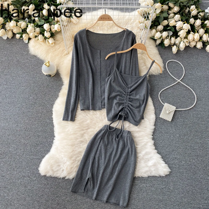 

Harajpee 2021 Autumn Home Clothes New Suit Women's Solid Cardigan Suspender Pleated Vest Split Half Length Skirt Three Piece Set