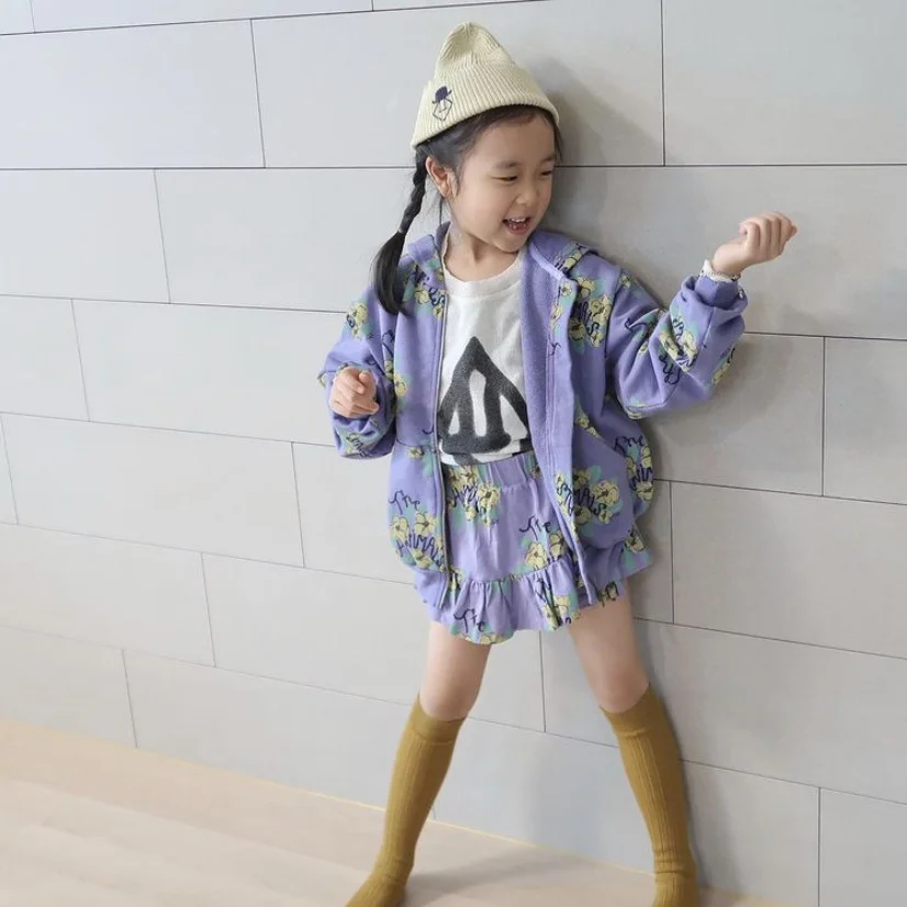 

Girls' T-shirt and Skirt Suit 2021 Spring and Summer New Full Print Flower Cute Girl Treasure Short Skirt Pleated Skirt