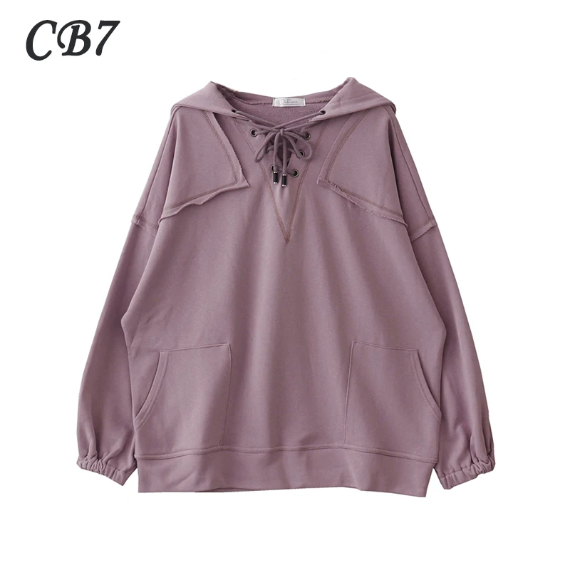 

Женская толстовка с капюшоном, Повседневная винтажная Толстовка большого размера с длинным рукавом и V-образным вырезом, корейский стиль, в...