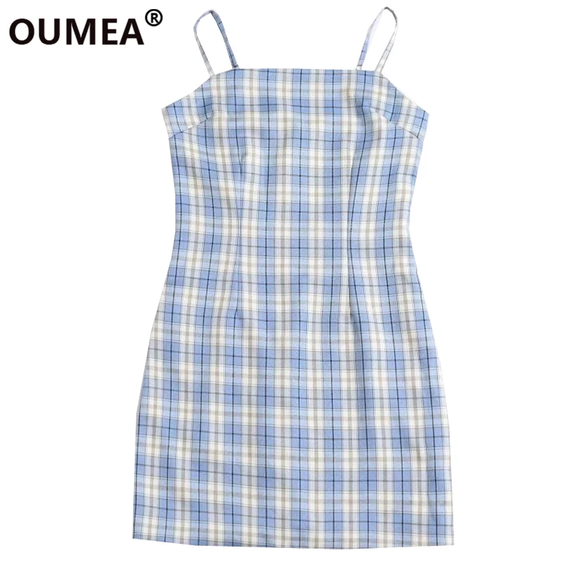 Женское летнее клетчатое платье OUMEA синее белое на тонких бретелях винтажное