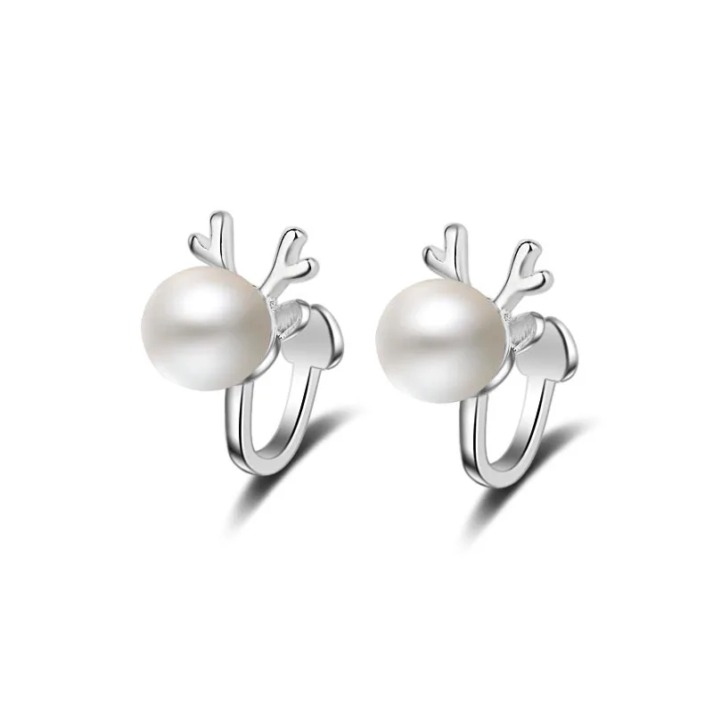 

New Women 925 Sterling Silver Tiny Cute Elk Clip Earring Girls Kid Gift Crystal Deer Antlers Earring Fine Jewelry