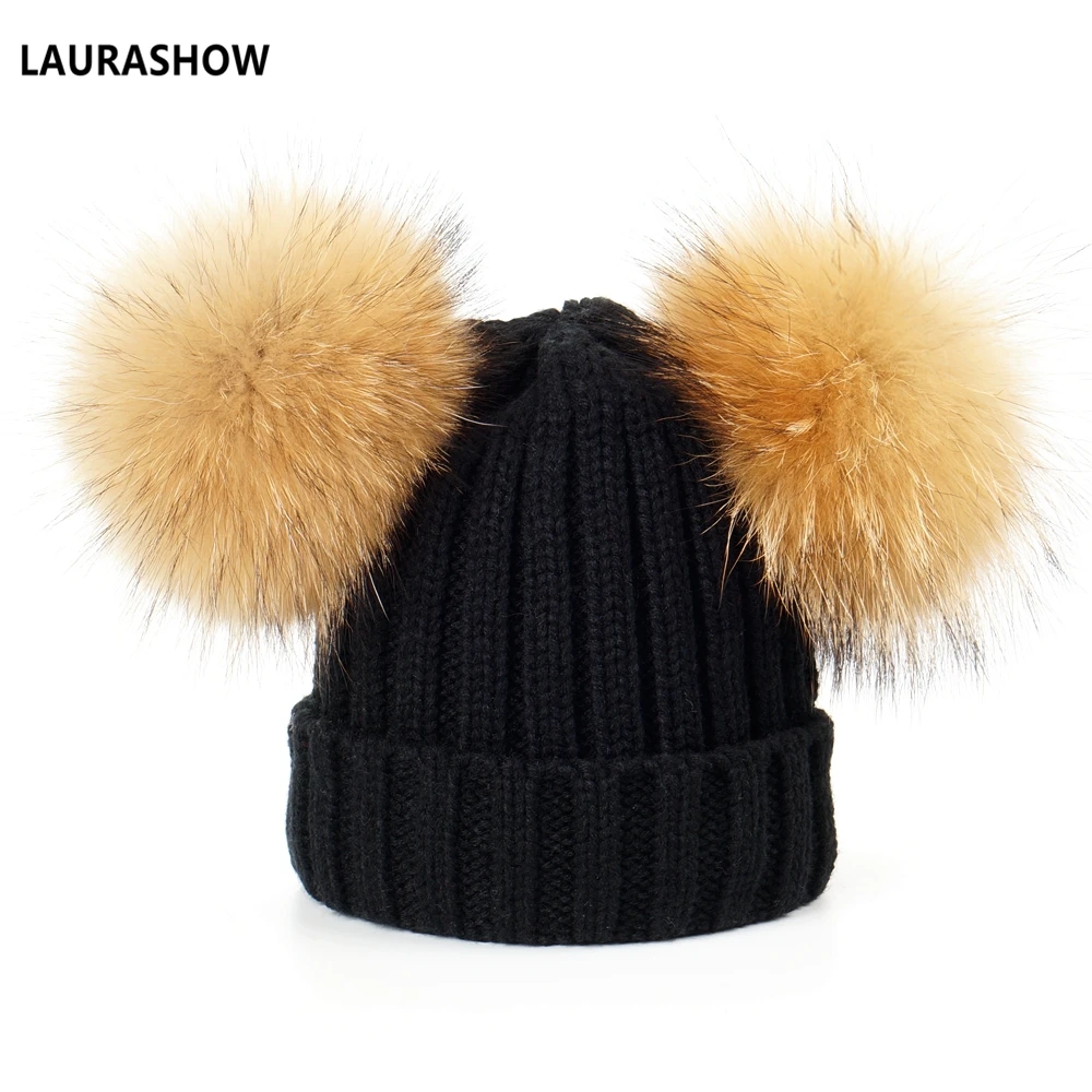 as picture LAURASHOW, зимняя брендовая шапка для взрослых, 16 см, двойная, натуральный мех, помпон, шапка для женщин, шапка, вязаная шапка, шапка, Skullies, женские шапочки - Цвет: as picture
