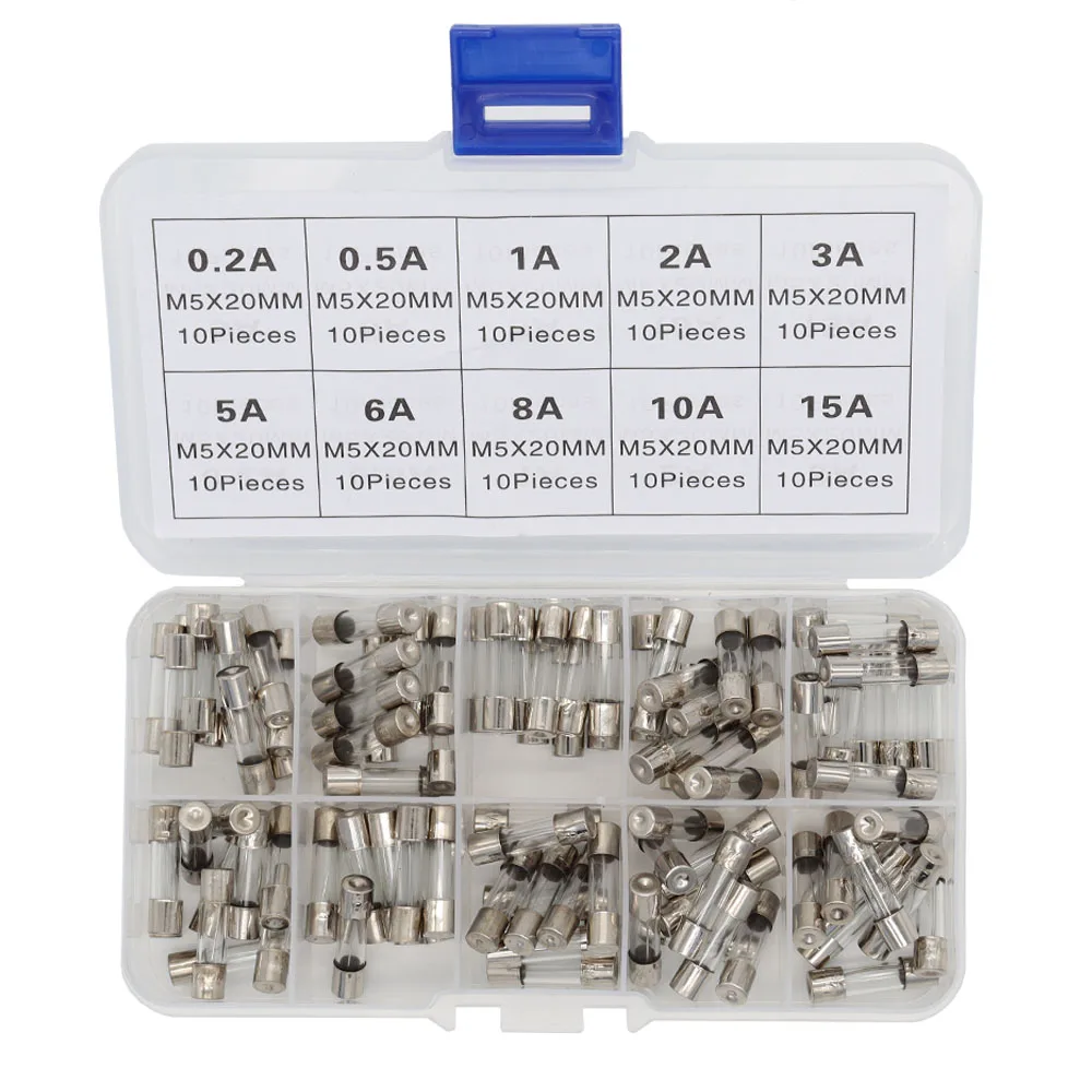 

100 PCS 5x20mm Quick Blow Glass Tube Fuse 0.2A~15A 10 Kinds of 10 Each Fuse