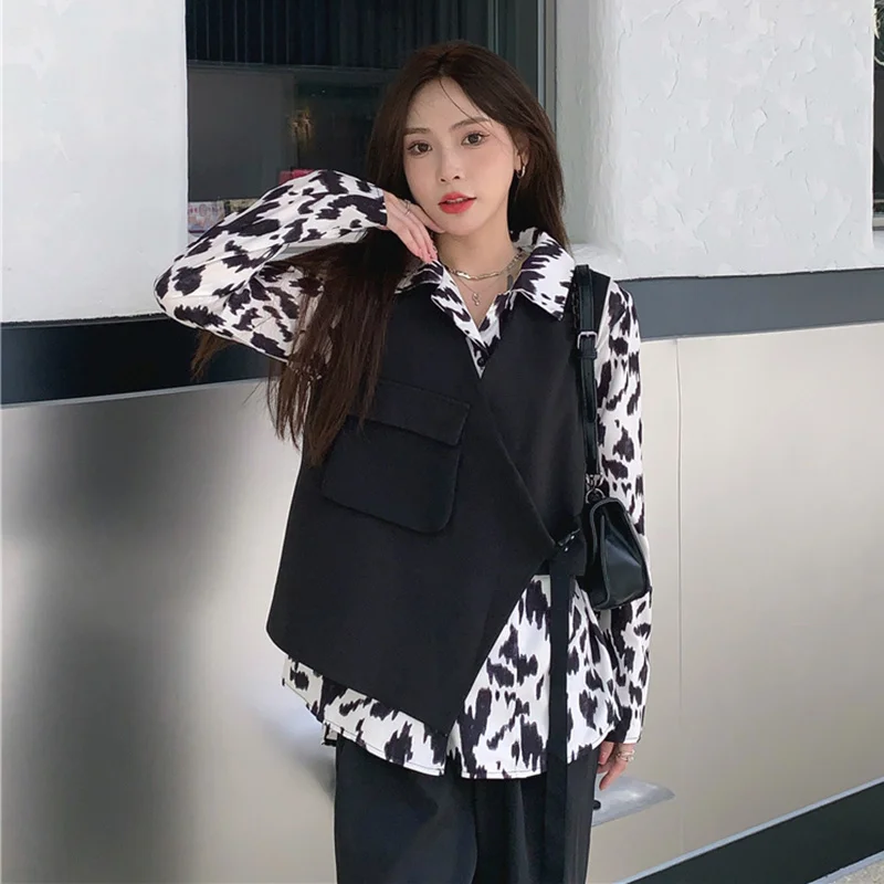 Женская рубашка с длинным рукавом свободная Корейская и принтом ощущение лесной