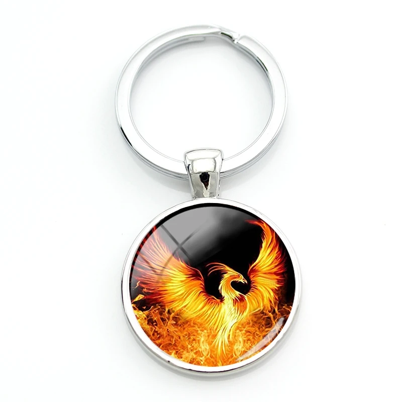 

TAFREE Fire Red Phoenix Picture Keychains Mysterious Ancient Birds 25mm Glass Key Ring Classic Women New Jewelry