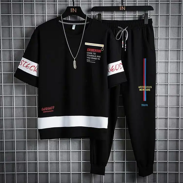 

Men 's Sports Casual Suit 2021 Spring and Summer New Ice Silk Korean Style Trendy Shipping T-Shirt Trousers Clothes