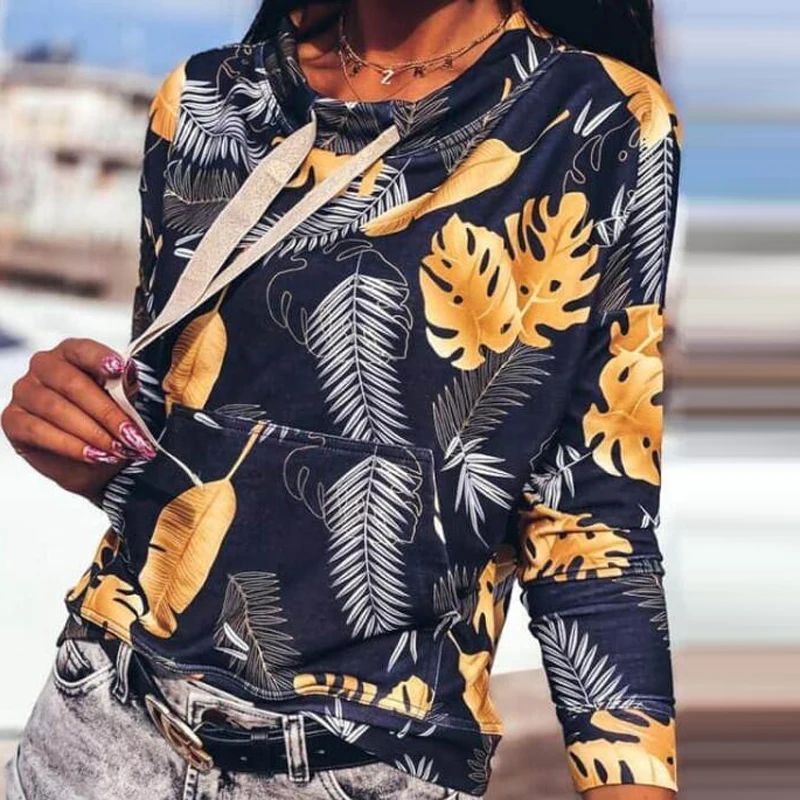 

Autumn Retro Leaves Print Drawstring Hoodies Sweatshirt 2020 Women Elegant O-Neck Pullover Tops Ladies Casual Long Sleeve Hoodie