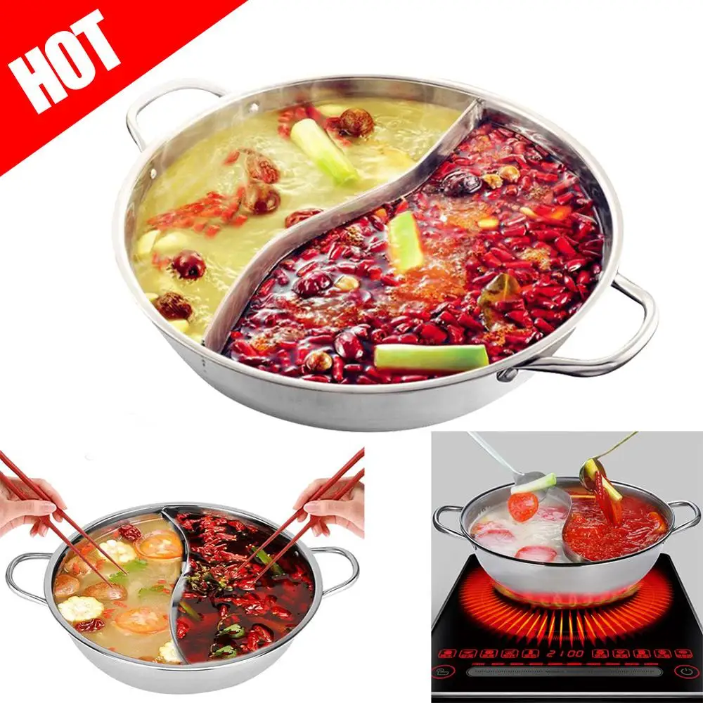 

28cm Stainless Steel Hot Pot Single-layer Thicken Soup Binaural Mandarin Duck Two-Flavor Hot Pot Fondue Cooking Pot Kitchen Cook