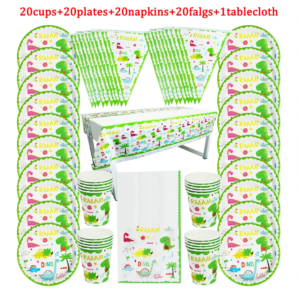 

81Pc/Lot Cartoon Dinosaur Disposable Tableware Design Kid Birthday Party Paper Plate+Cup+Napkin+ Flag+Tablecloth Party Supplies
