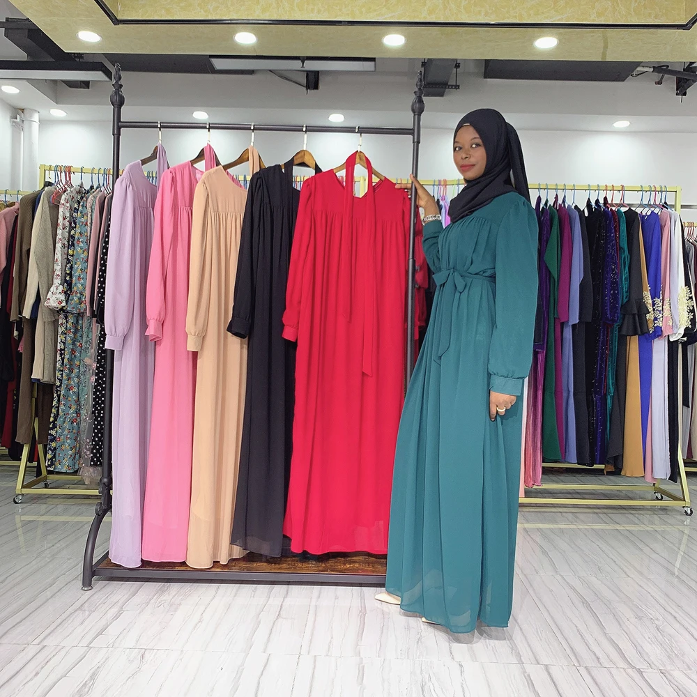 Dubai Kasual Sifon Lengan Panjang Gaun Abaya Arab Maxi Gamis Wanita Muslim Wanita Elegan Gaun Indonesia Timur Tengah Fashion Turki