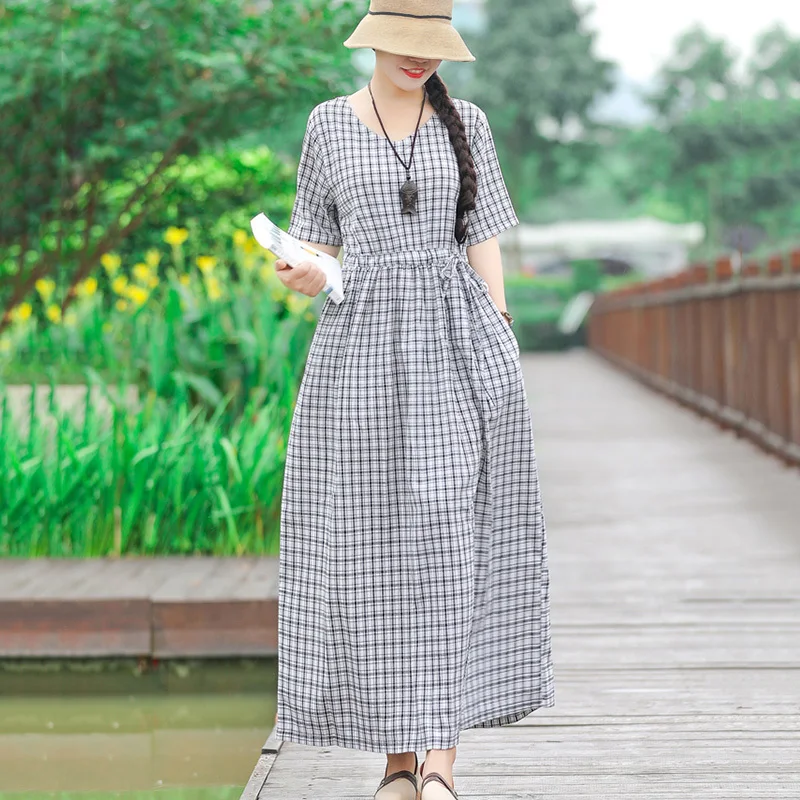 Женское летнее клетчатое платье с хлопковой подкладкой длинное Повседневные