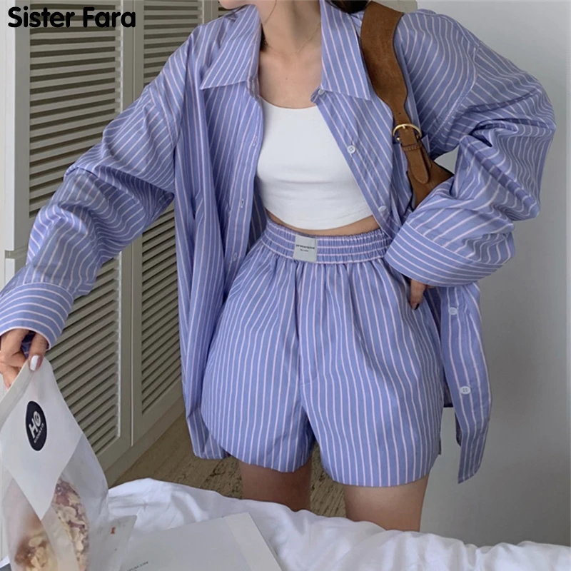 

Sister Fara Summer Elastic Waist Female Striped Skirt+Single-breasted Full Sleeve Tracksuits Shirts Autumn Ladies Two Piece Suit