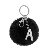 fluffy black pompom faux rabbit fur ball keychains crystal letters key rings key holder trendy jewelry bag accessories gift